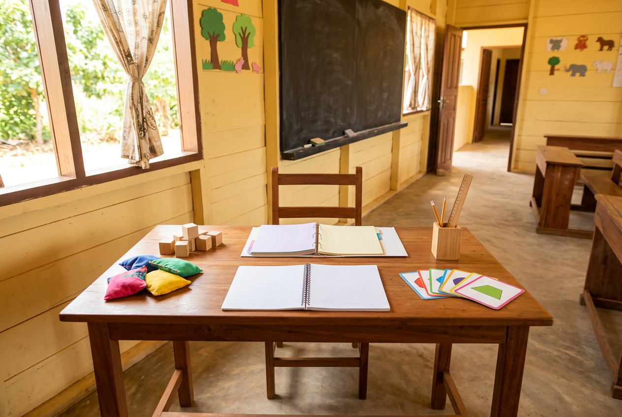 A Ghanaian primary school teacher planning a lesson with curriculum notes, a notebook and simple classroom resources on a desk.
