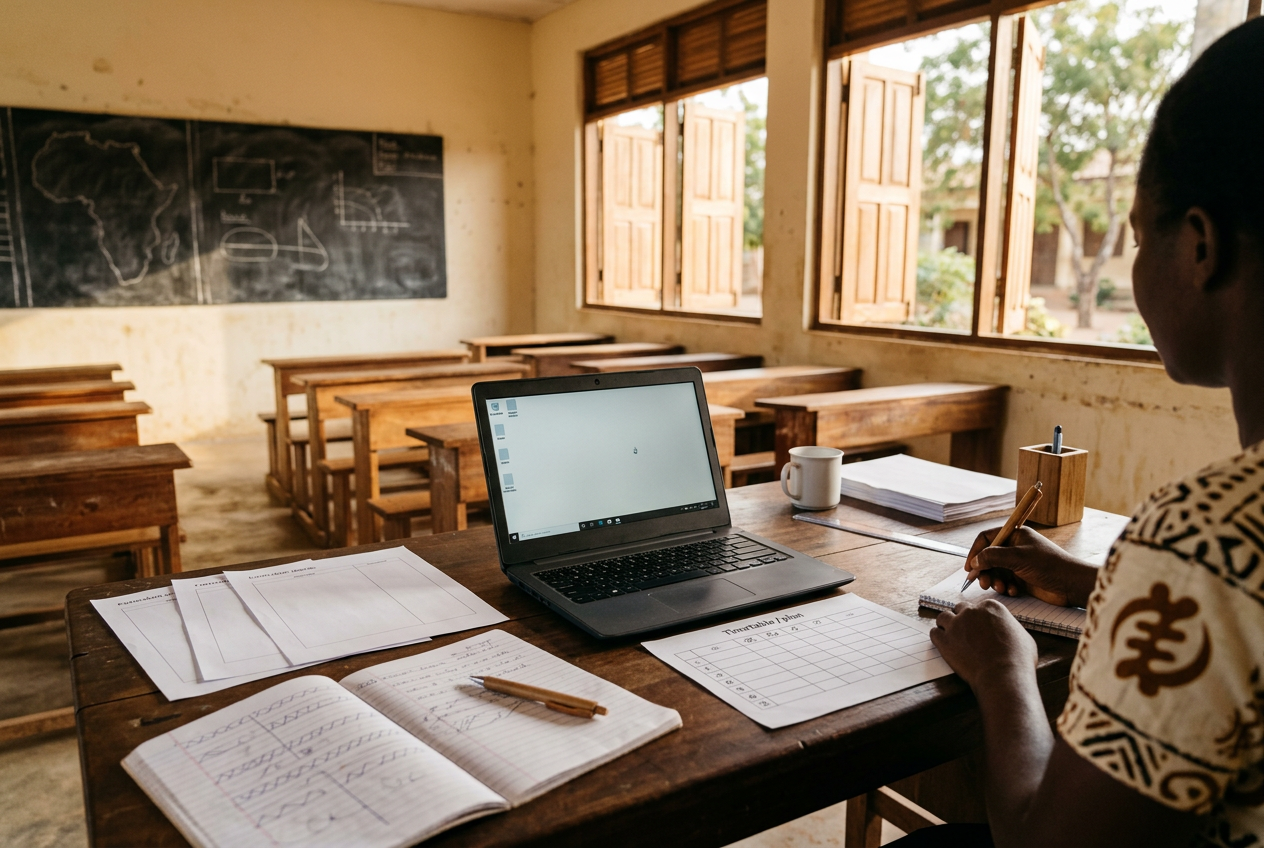 A Ghanaian teacher planning a subject lesson with curriculum notes, timetable and notebook on a desk
