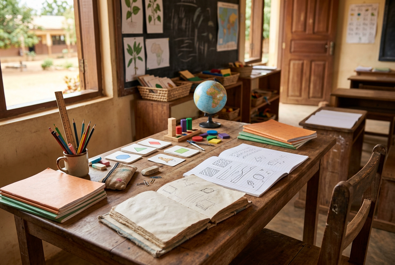A Ghanaian teacher planning a lesson with assessment notes beside exercise books and classroom materials.