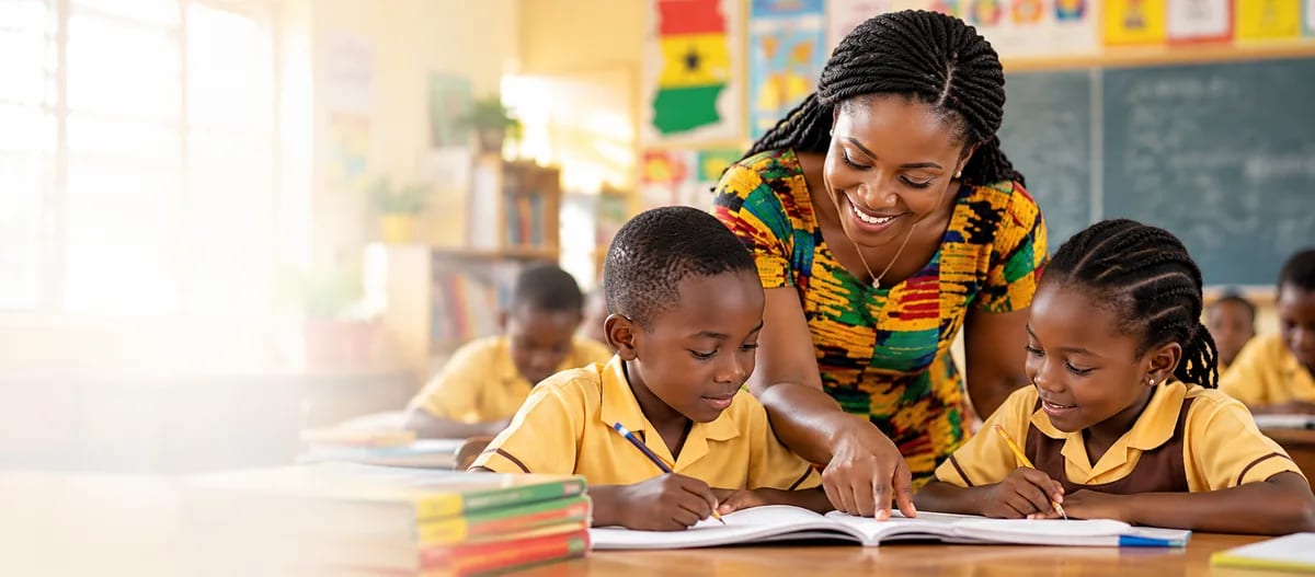 A teacher helping two pupils with their writing.