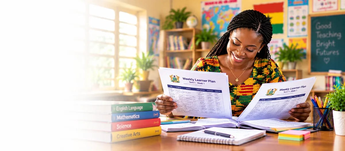 A teacher reading her printed Weekly Learner Plans.
